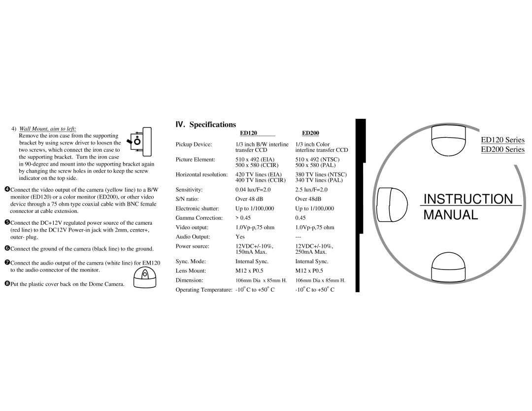 EverFocus ED120 Series instruction manual IV. Specifications, Wall Mount, aim to left 