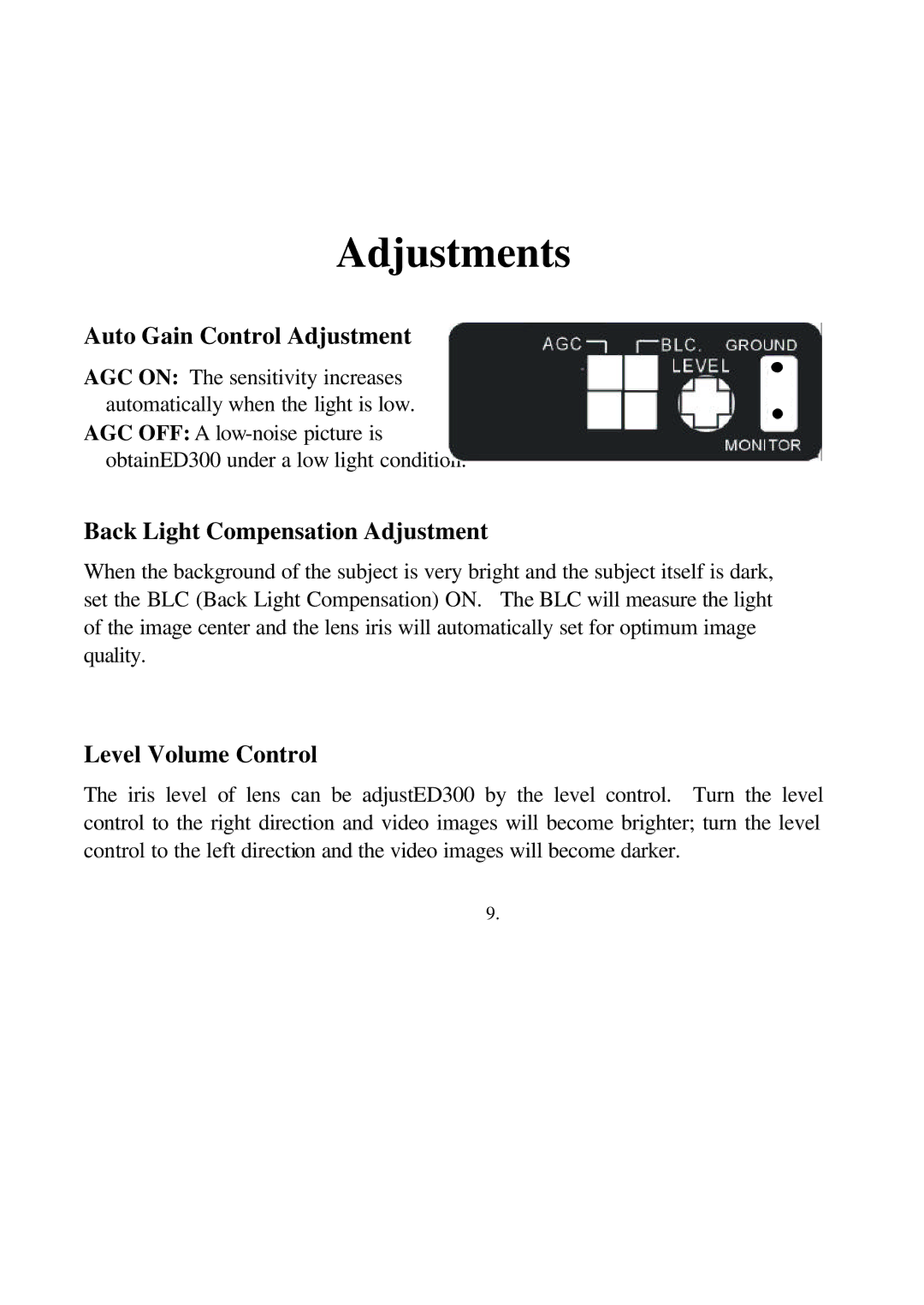 EverFocus ED300 Series user manual Adjustments, Auto Gain Control Adjustment 