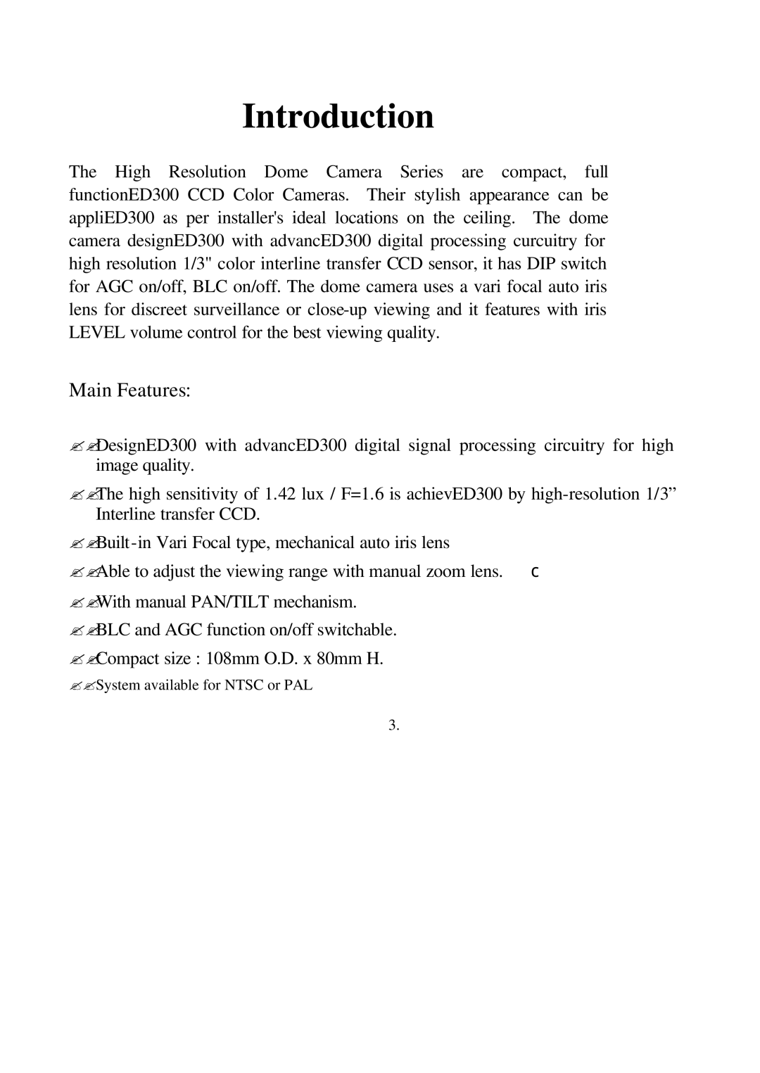 EverFocus ED300 Series user manual Introduction, Main Features 