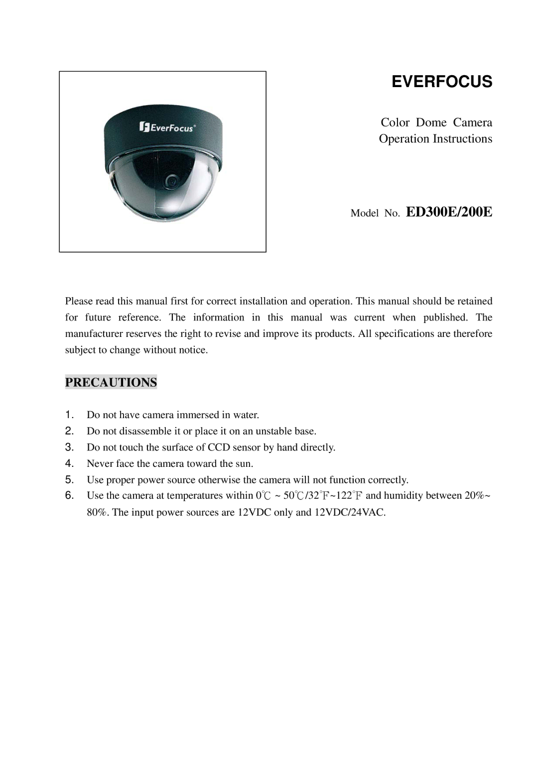 EverFocus ED200E, ED300E specifications Everfocus, Precautions 