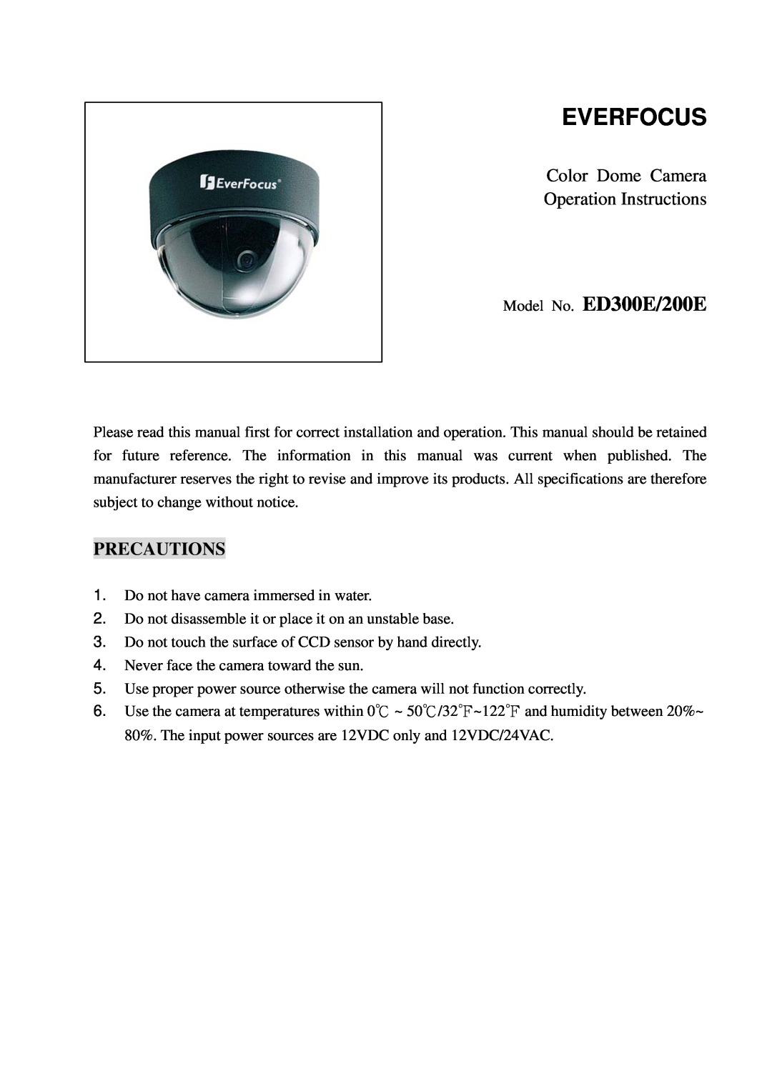 EverFocus ED200E specifications Color Dome Camera Operation Instructions, Precautions, Everfocus, Model No. ED300E/200E 