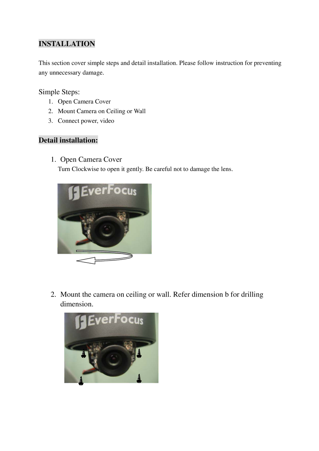 EverFocus ED330, ED230 specifications Installation, Detail installation 