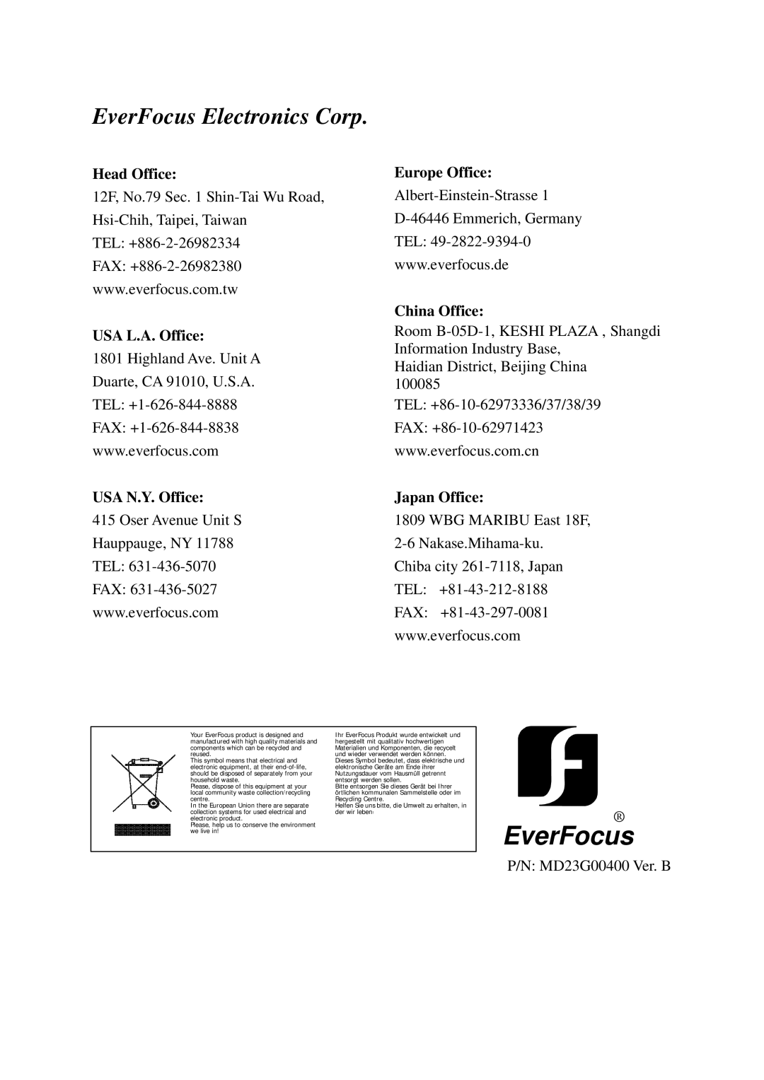 EverFocus ED230, ED330 specifications EverFocus 