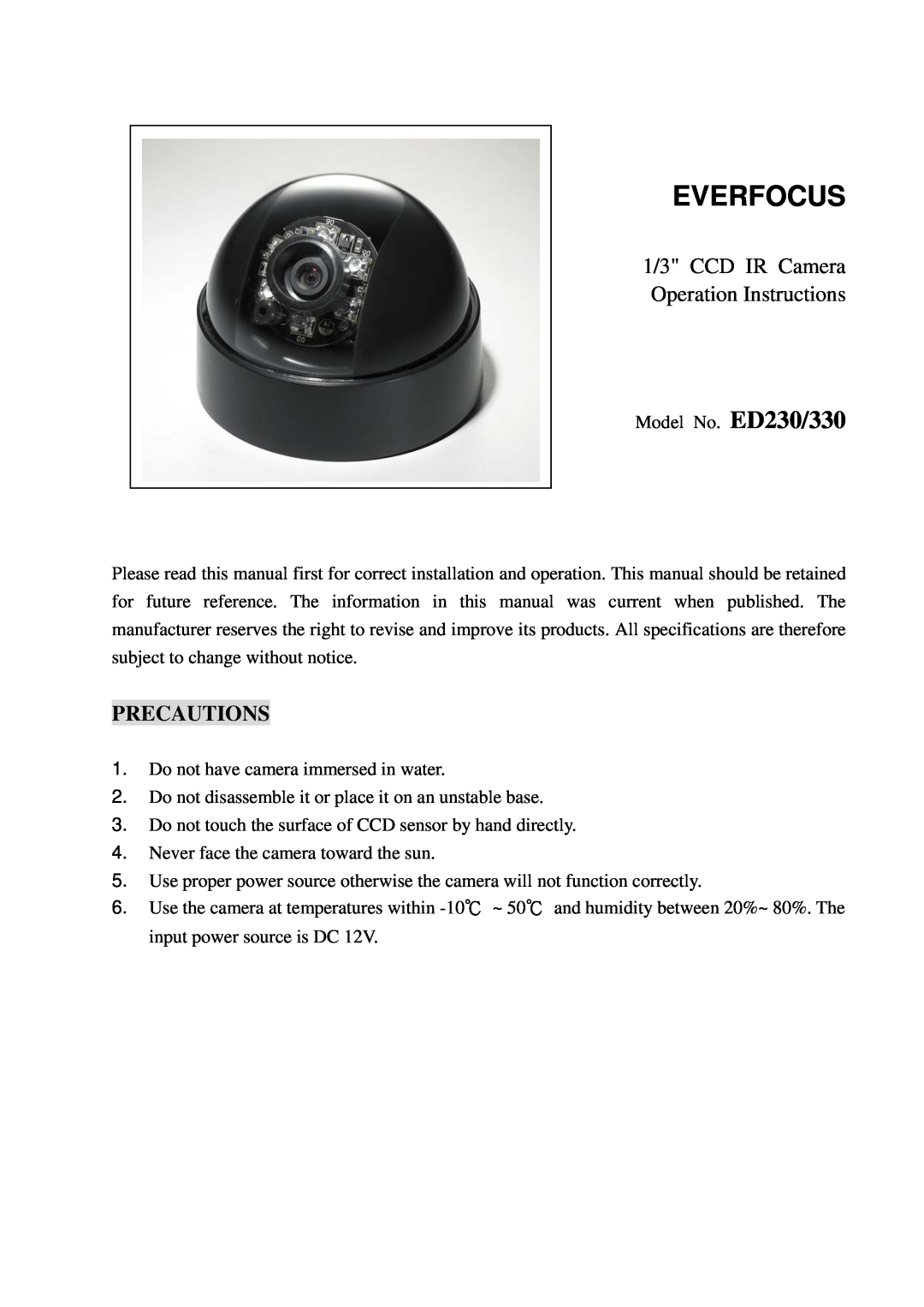 EverFocus ED230, ED330 specifications 1/3 CCD IR Camera Operation Instructions, Precautions, Everfocus 