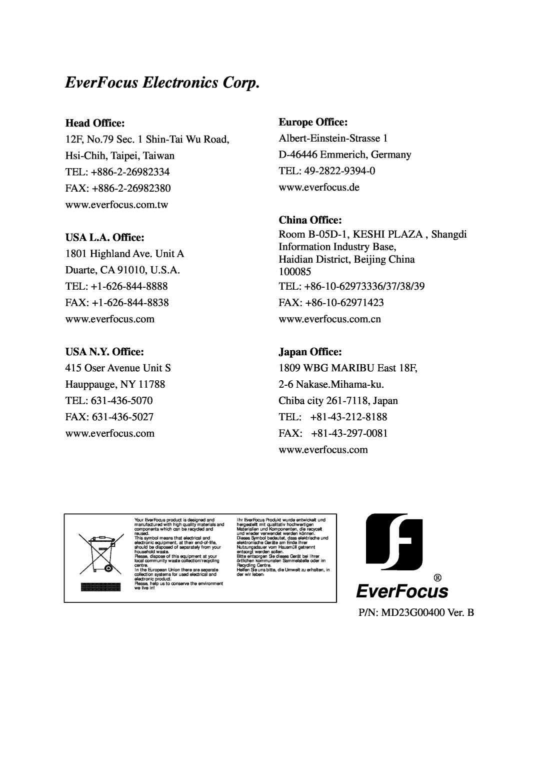 EverFocus ED230, ED330 specifications EverFocus Electronics Corp 