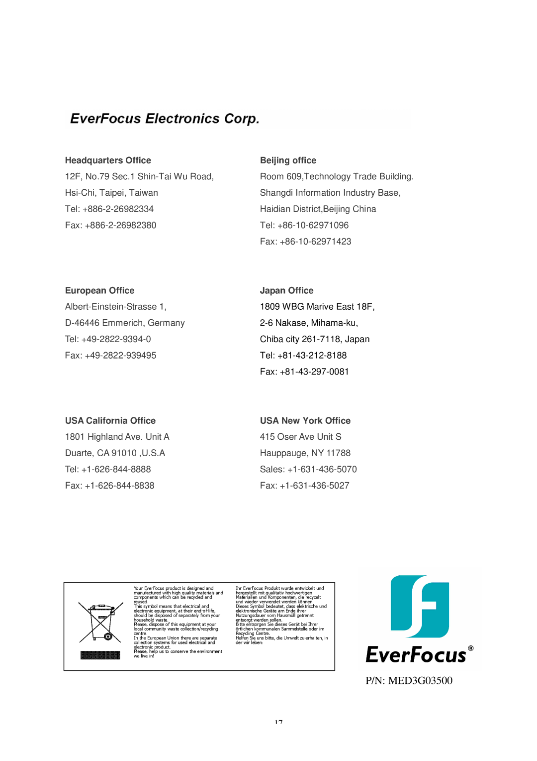 EverFocus ED335 specifications MED3G03500 