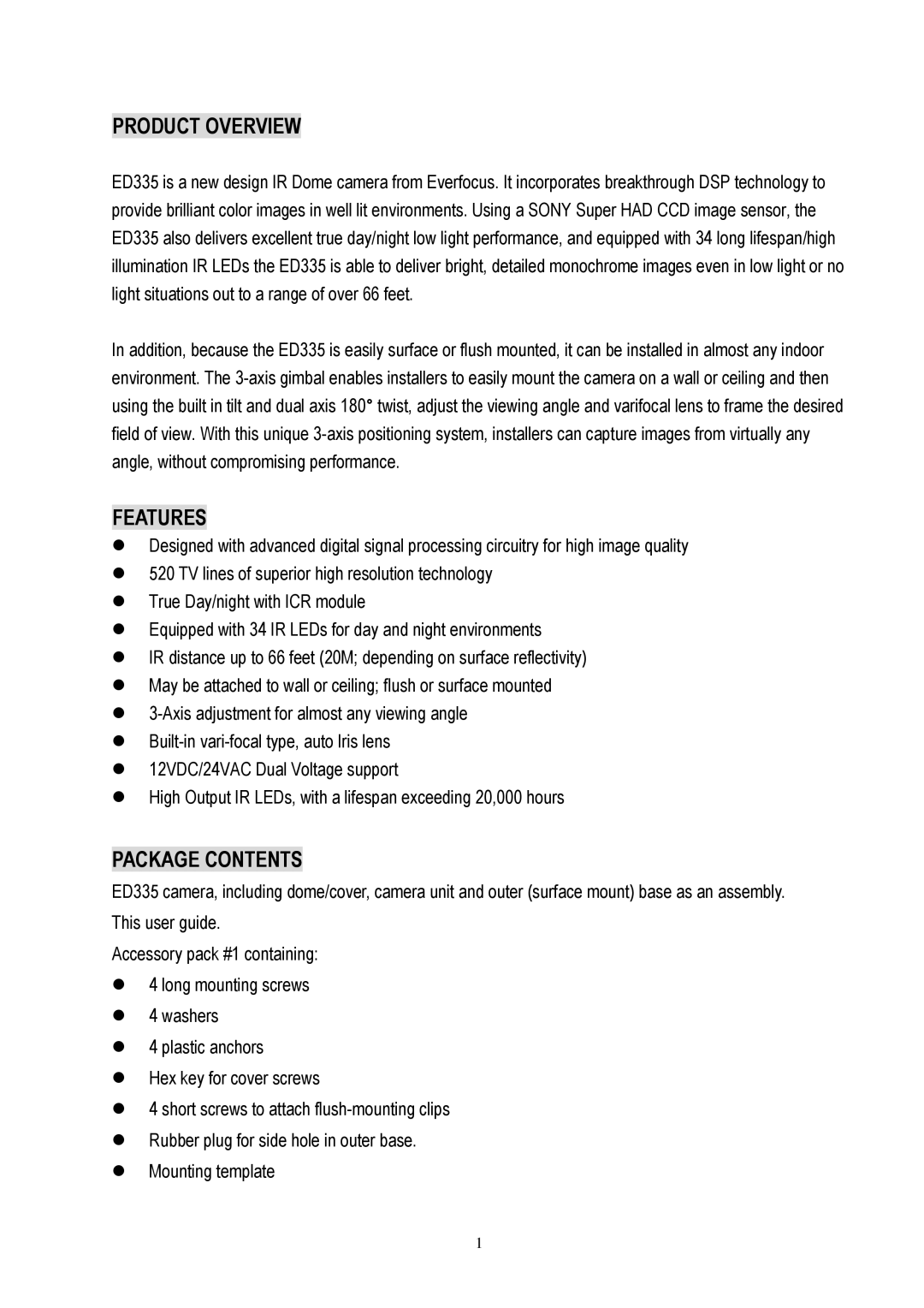 EverFocus ED335 specifications Product Overview, Features, Package Contents 