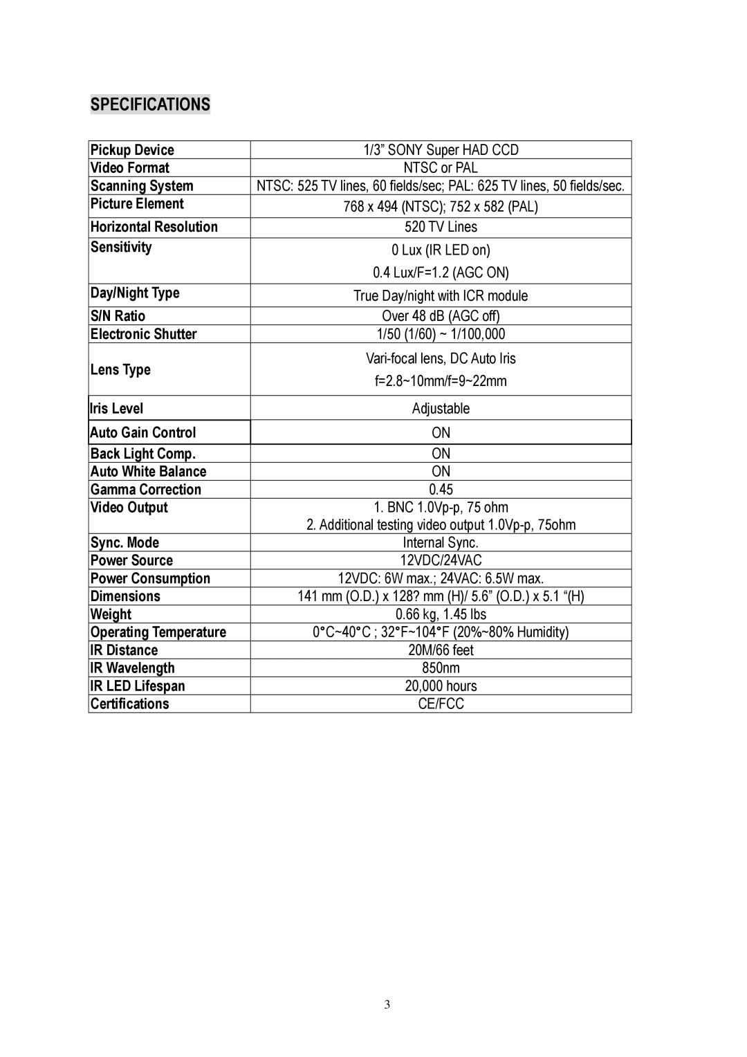 EverFocus ED335 specifications Specifications, 12VDC/24VAC 