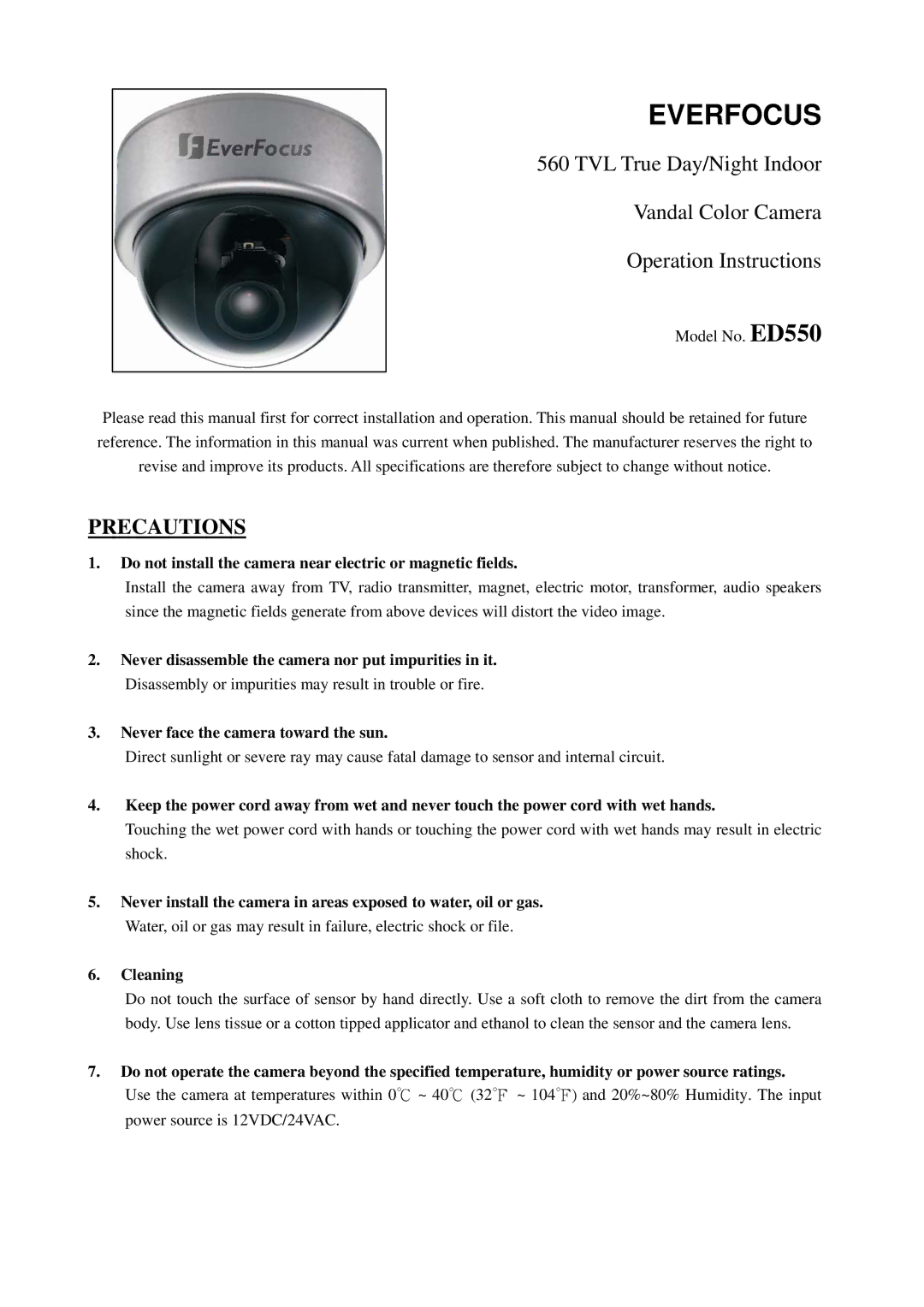 EverFocus ED550 specifications Everfocus, Precautions 