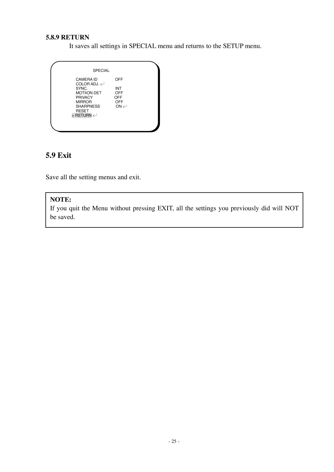 EverFocus ED550 specifications Exit, Return 