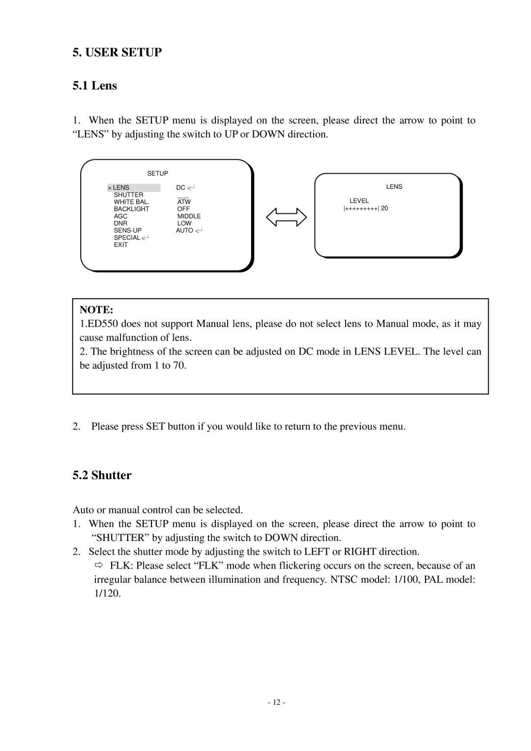 EverFocus ED550 specifications User Setup 5.1 Lens, Shutter 