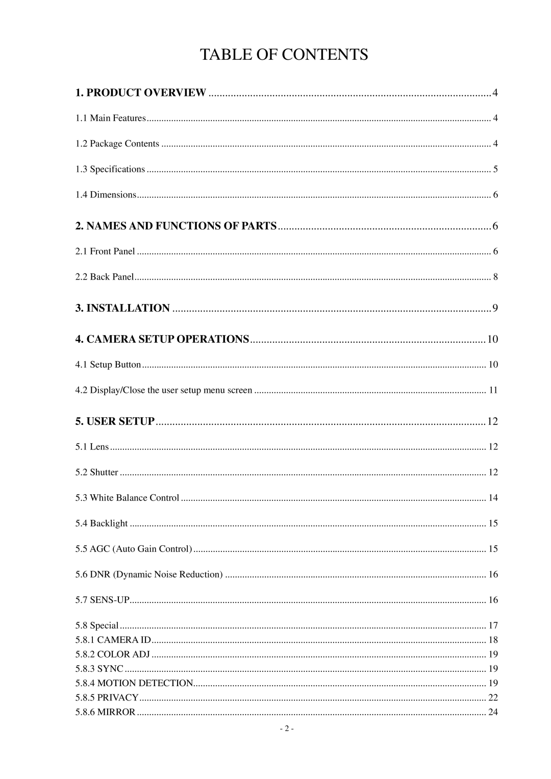 EverFocus ED550 specifications Table of Contents 