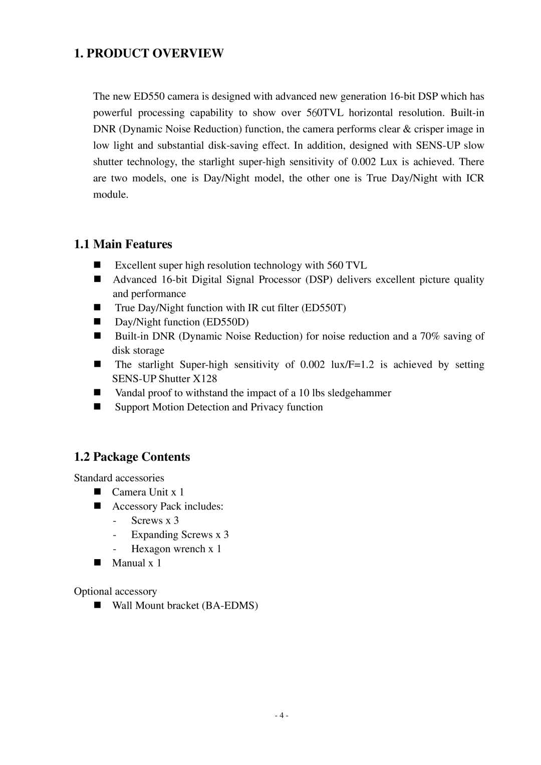 EverFocus ED550 specifications Product Overview, Main Features, Package Contents 