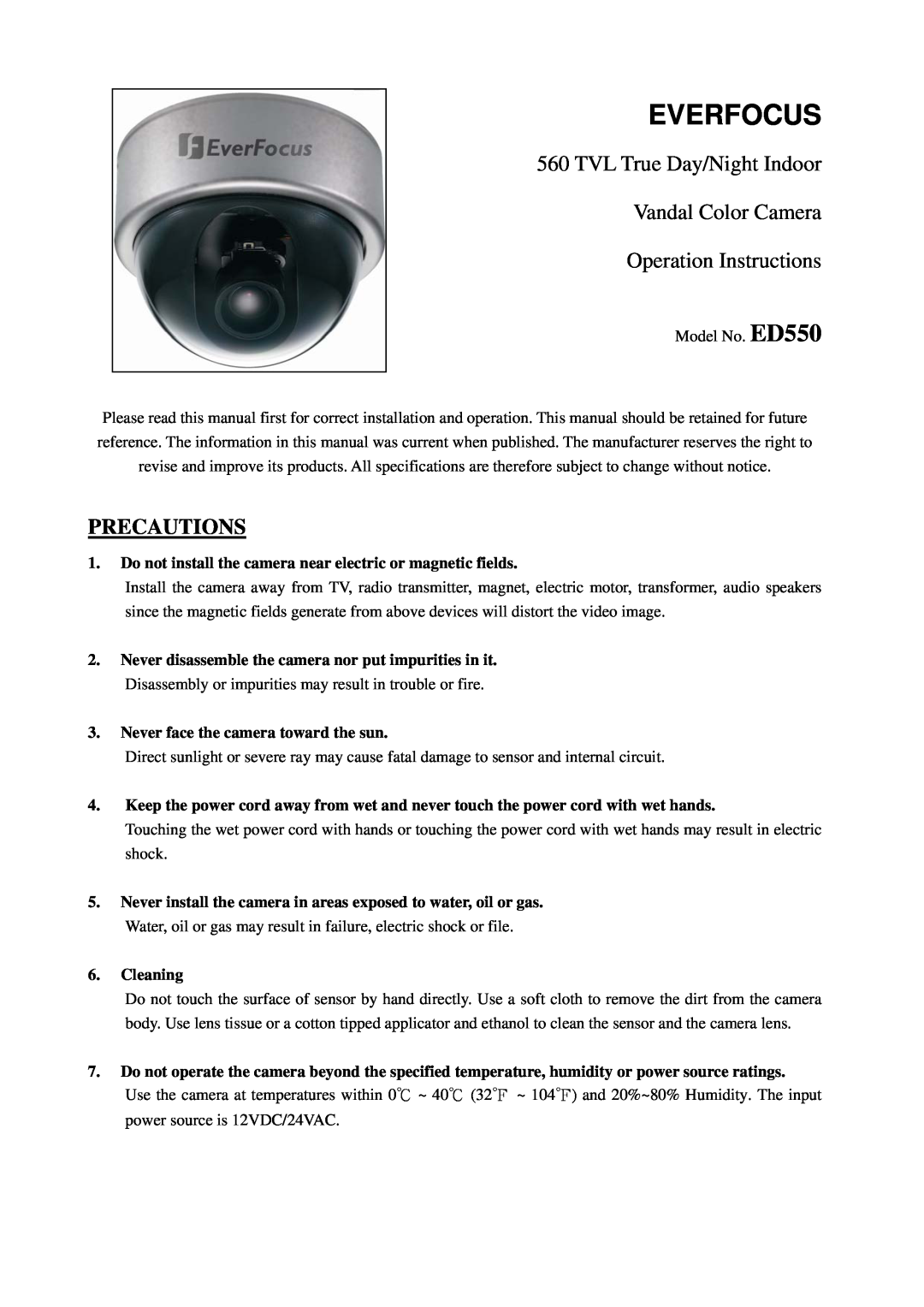 EverFocus ED550 specifications Precautions, Everfocus, TVL True Day/Night Indoor Vandal Color Camera 