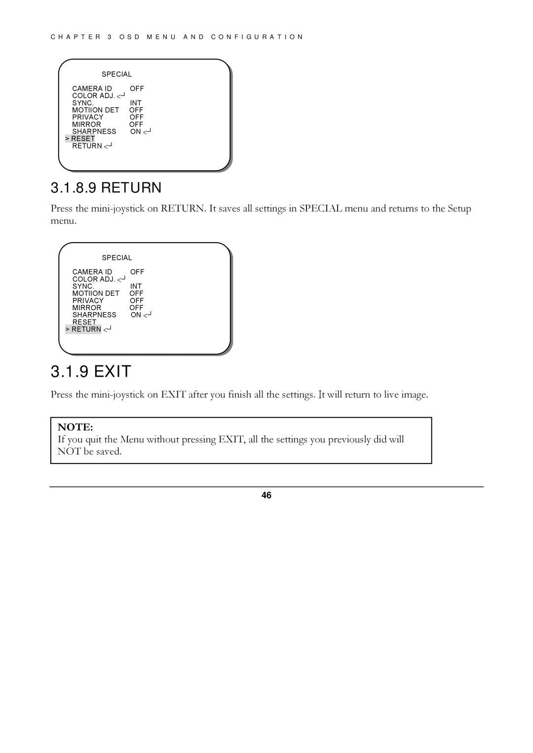 EverFocus ED560 manual Exit, Return 