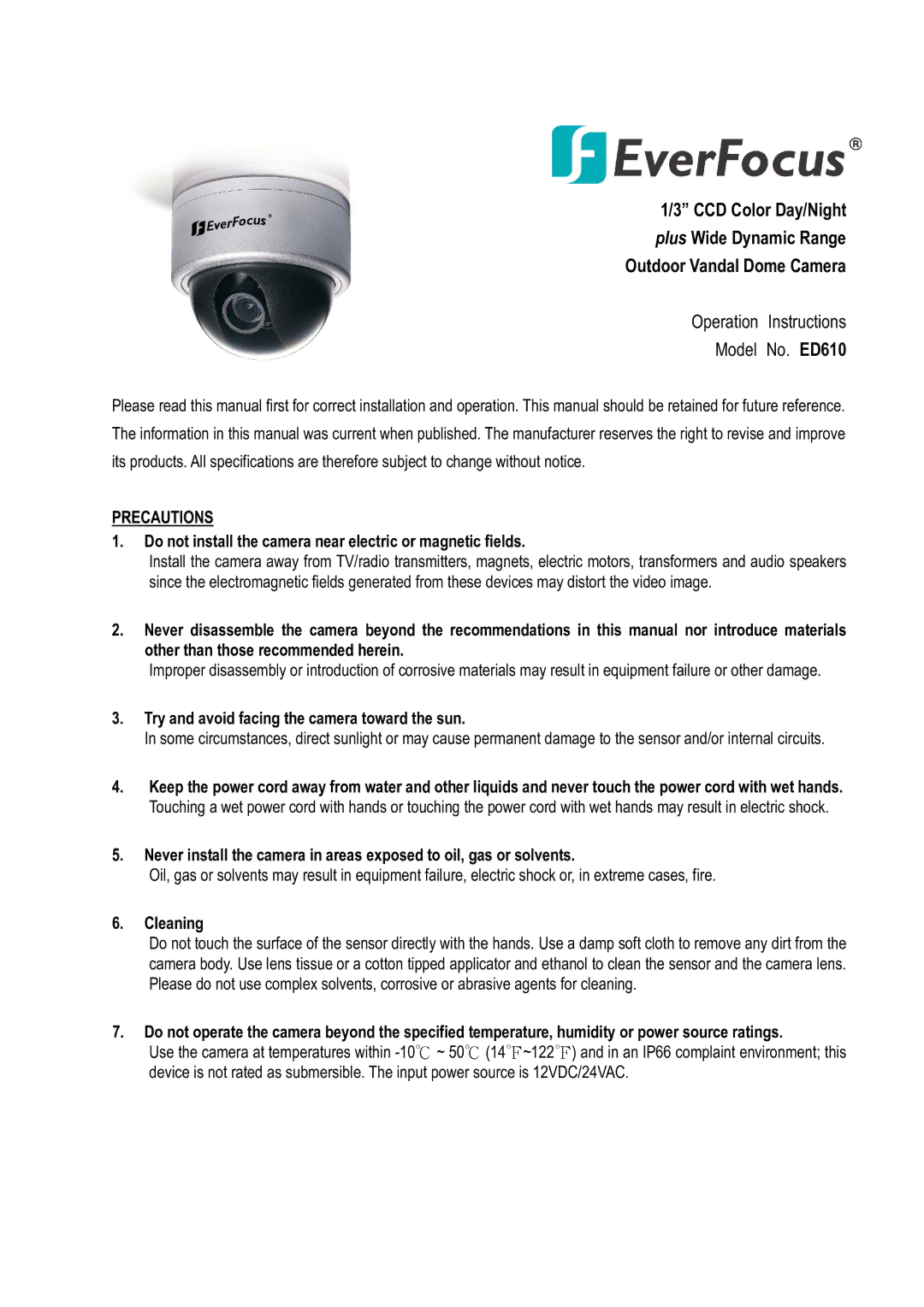 EverFocus specifications Operation Instructions Model No. ED610 