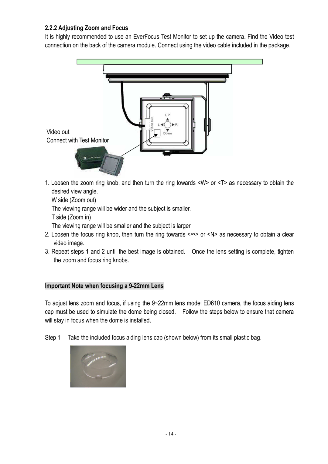 EverFocus ED610 specifications Adjusting Zoom and Focus, Important Note when focusing a 9-22mm Lens 