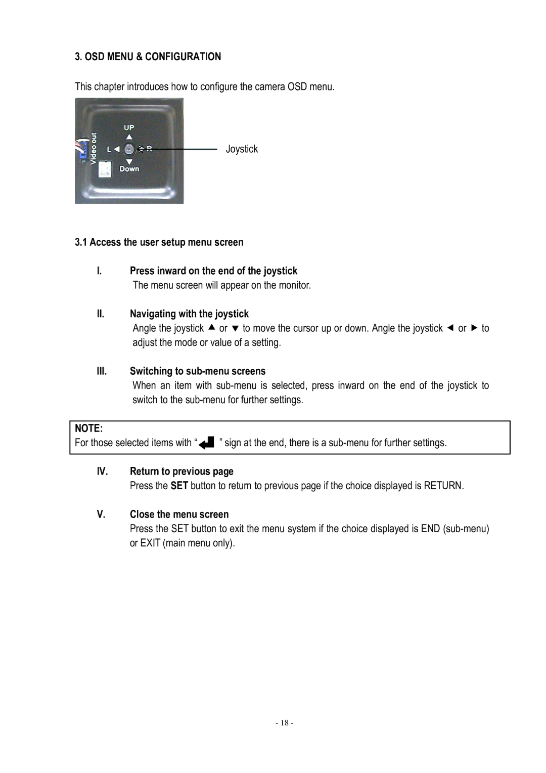 EverFocus ED610 OSD Menu & Configuration, III. Switching to sub-menu screens, Return to previous, Close the menu screen 