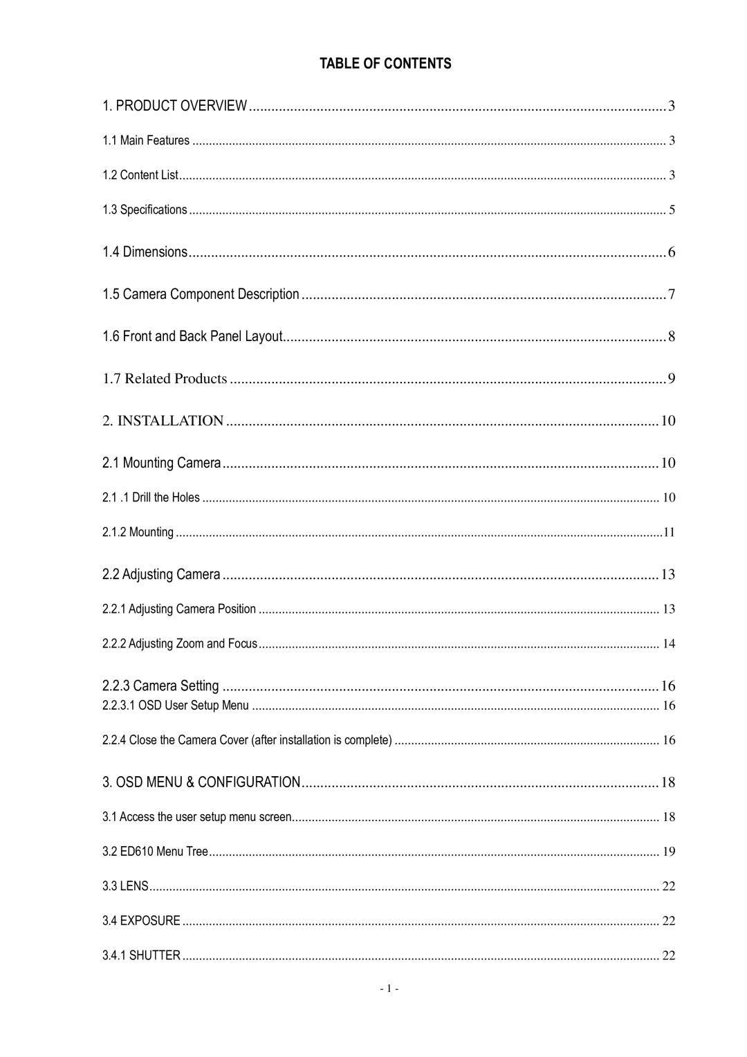 EverFocus ED610 specifications Table of Contents 