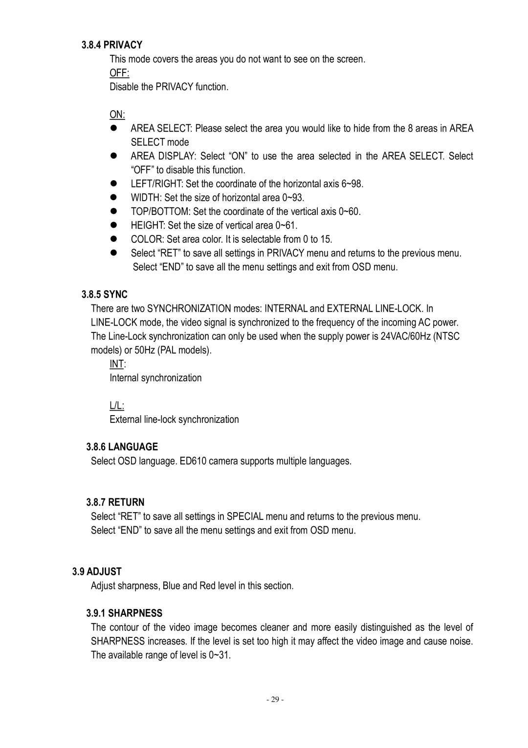 EverFocus ED610 specifications Privacy, Sync, Language, Adjust, Sharpness 