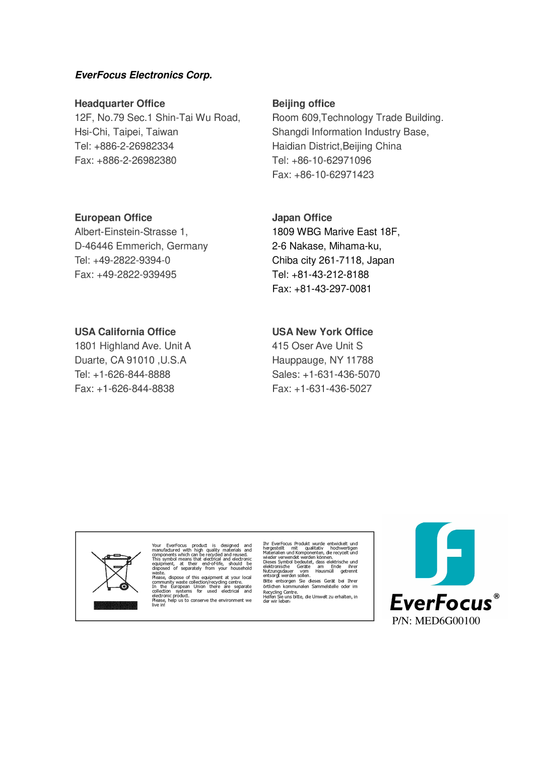 EverFocus ED610 specifications MED6G00100 