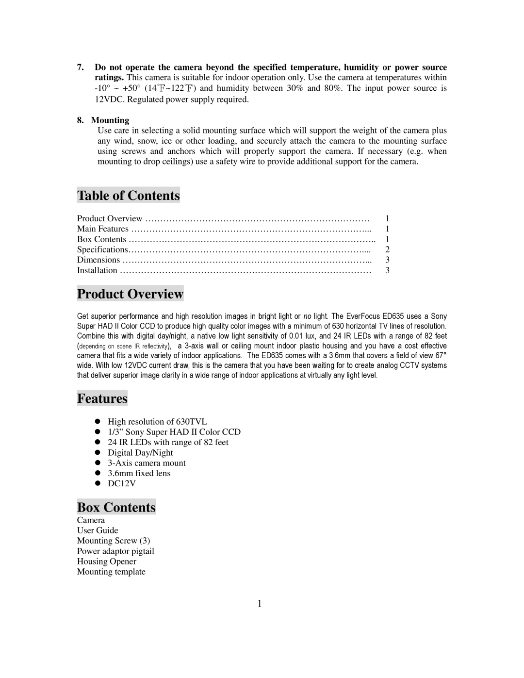 EverFocus ED635 specifications Table of Contents, Product Overview, Features, Box Contents 