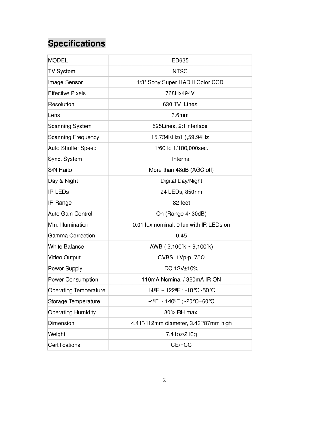 EverFocus ED635 specifications Specifications, Ntsc 