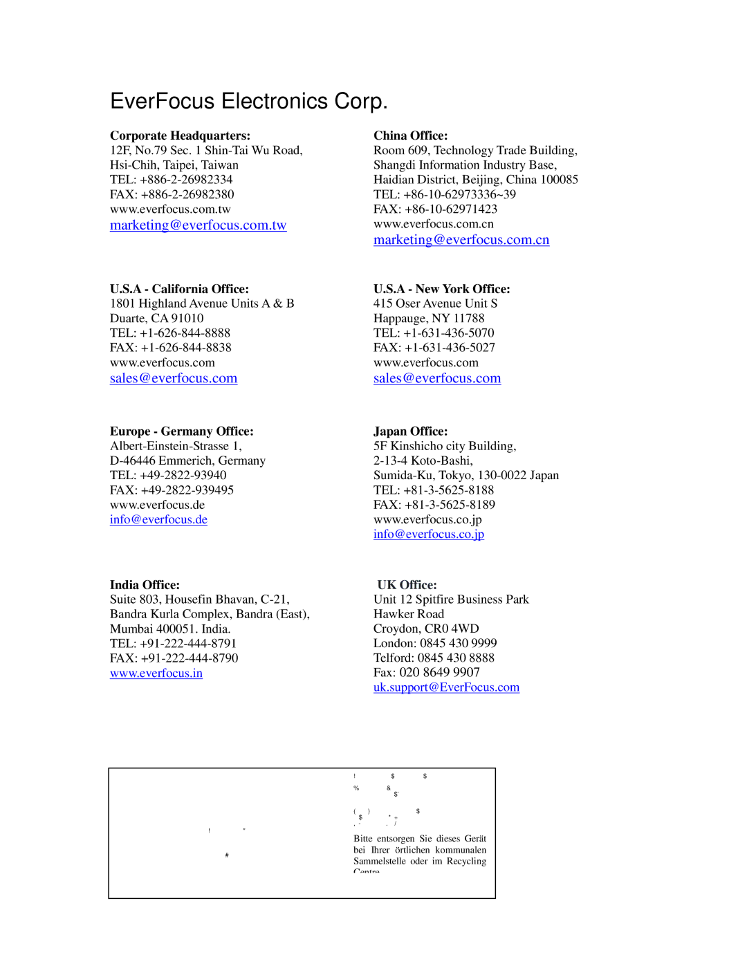 EverFocus ED635 specifications Corporate Headquarters, A California Office, India Office, China Office, Japan Office 