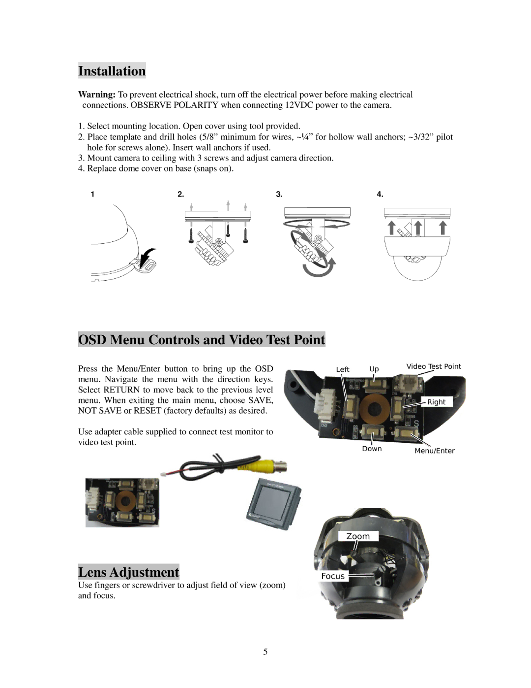 EverFocus ED640 specifications Installation, OSD Menu Controls and Video Test Point, Lens Adjustment 