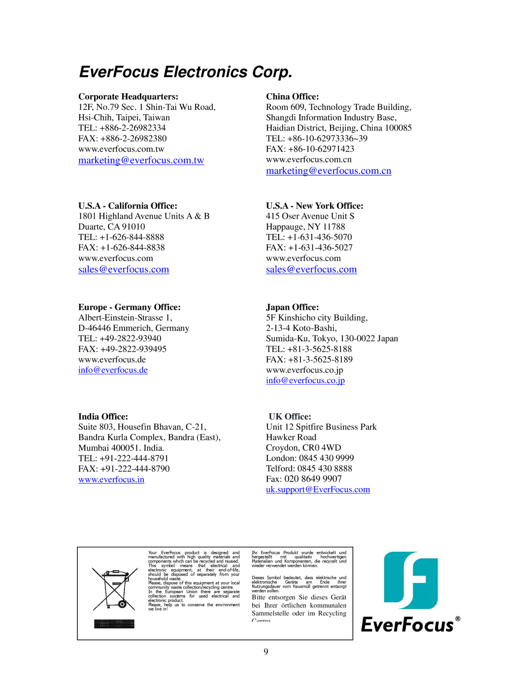 EverFocus ED640 specifications Corporate Headquarters, A California Office, India Office, China Office, Japan Office 