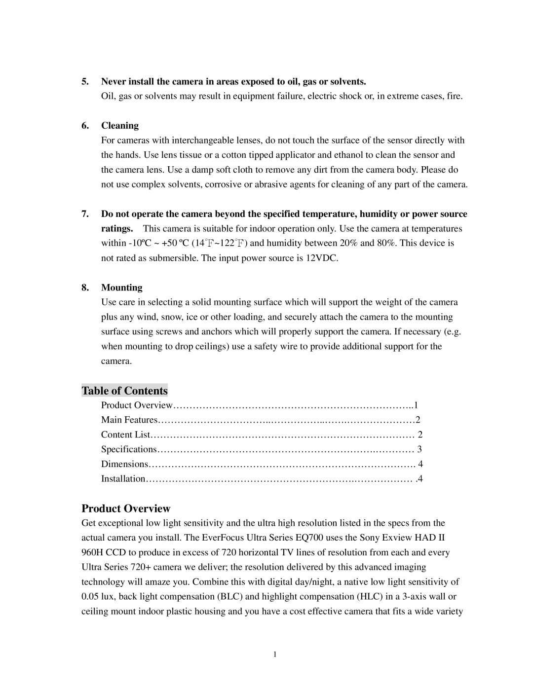 EverFocus ED700 specifications Table of Contents 