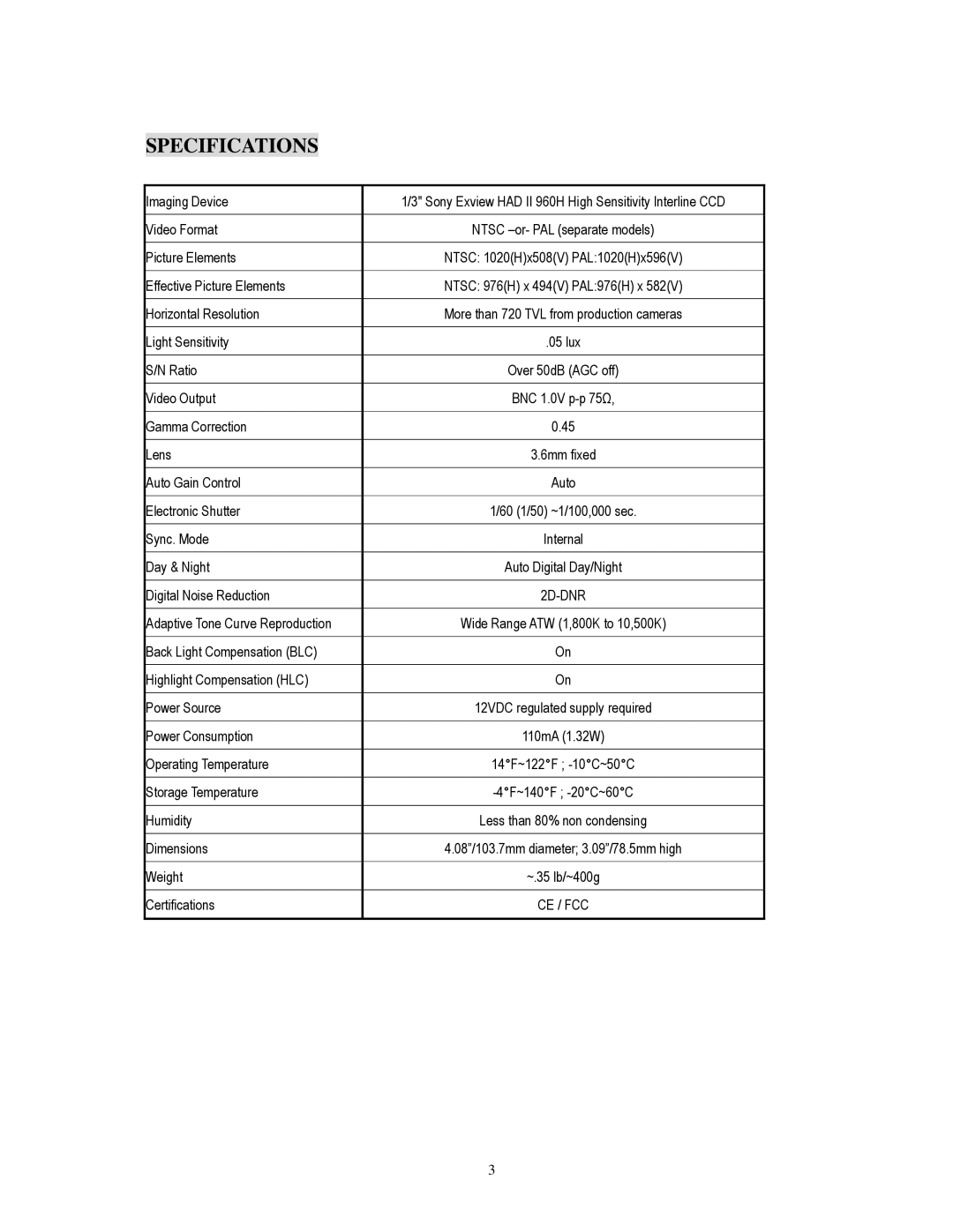 EverFocus ED700 specifications Specifications 