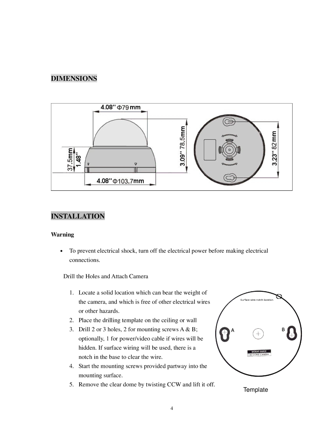 EverFocus ED700 specifications Dimensions Installation, Template 