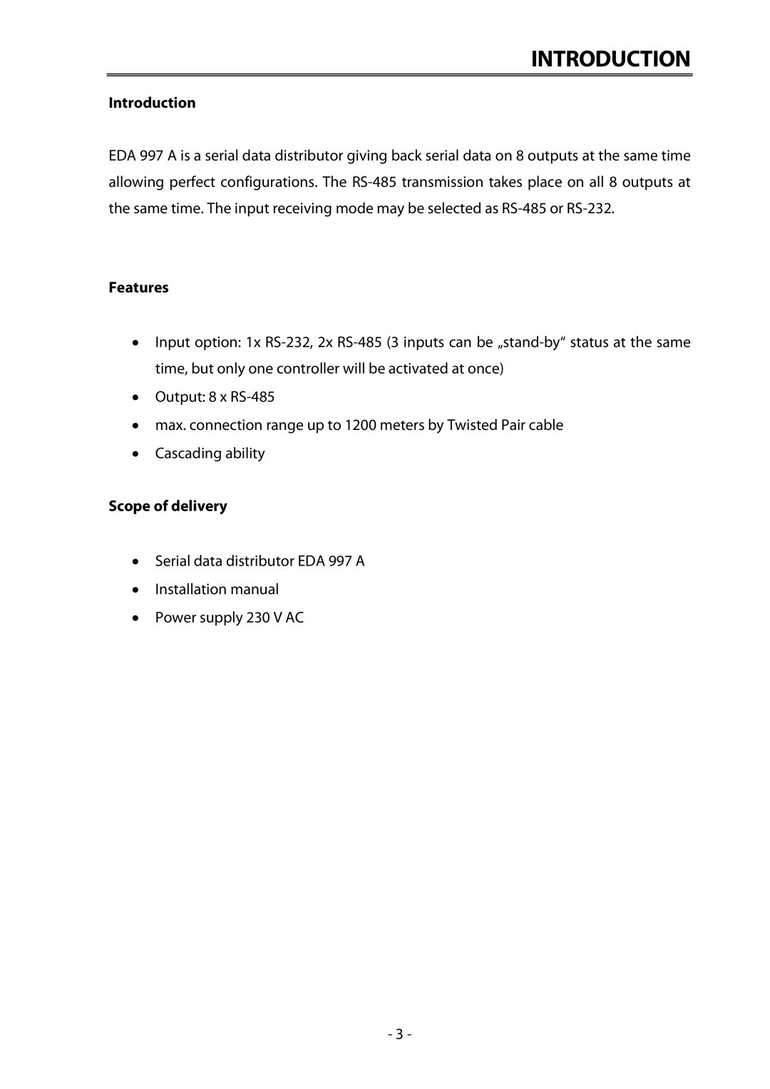 EverFocus EDA997A installation manual Introduction, Features, Scope of delivery 