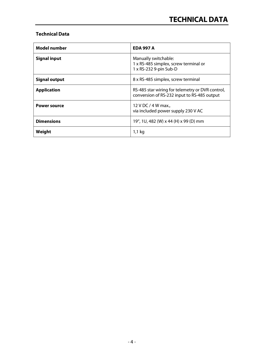 EverFocus EDA997A installation manual Technical Data 