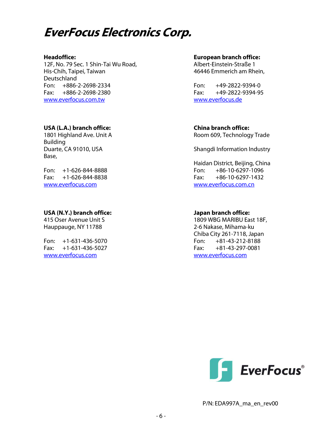 EverFocus EDA997A installation manual Headoffice, USA L.A. branch office, China branch office, Japan branch office 