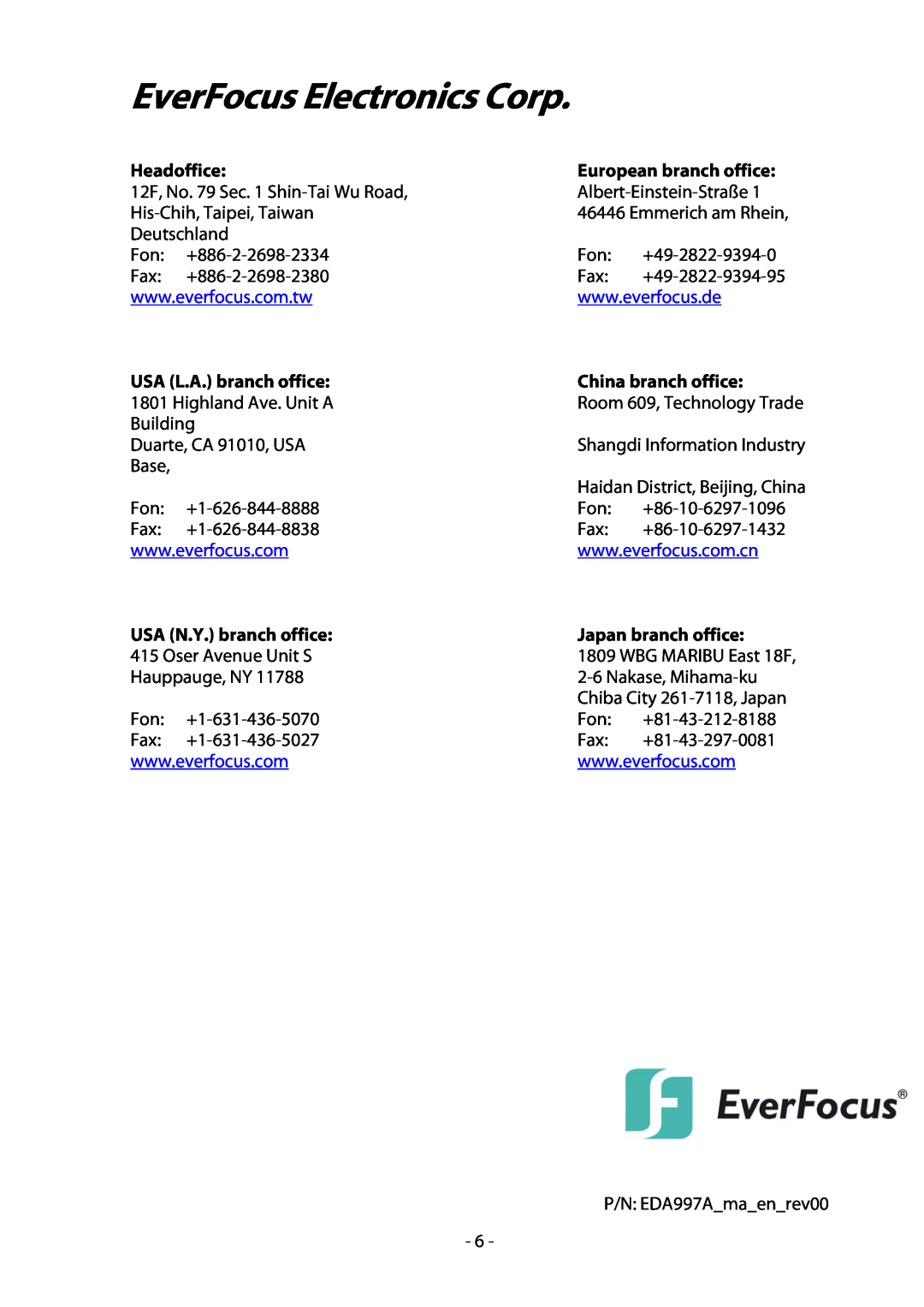 EverFocus EDA997A Headoffice, USA L.A. branch office, China branch office, Japan branch office, EverFocus Electronics Corp 