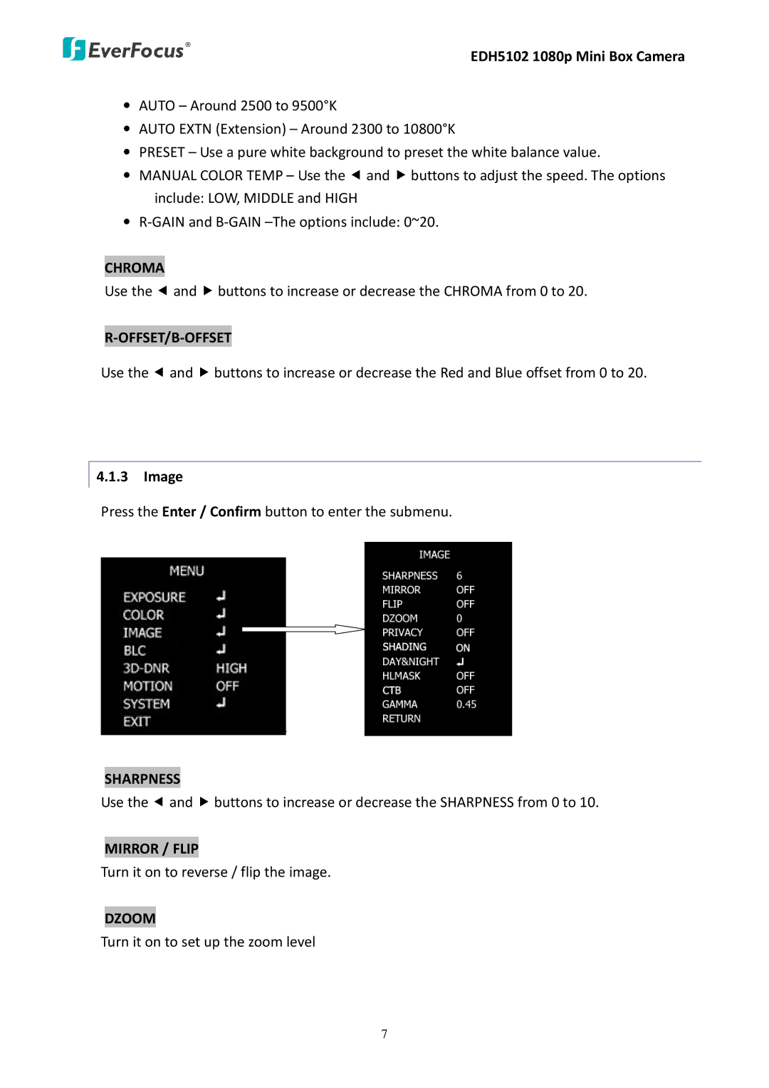 EverFocus EDH5102 user manual Chroma, Offset/B-Offset, Sharpness, Mirror / Flip, Dzoom 