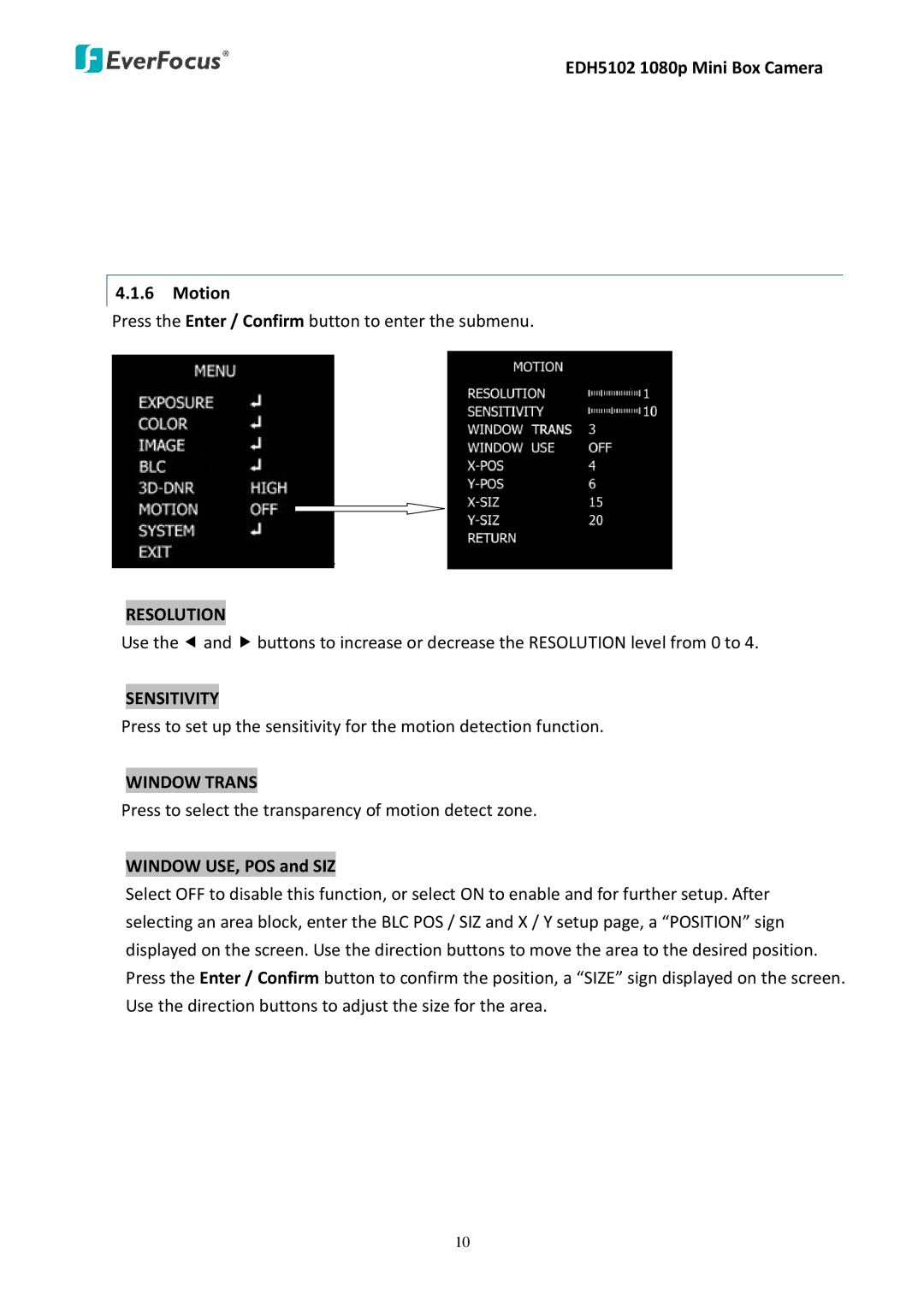 EverFocus EDH5102 user manual Resolution, Sensitivity, Window Trans 