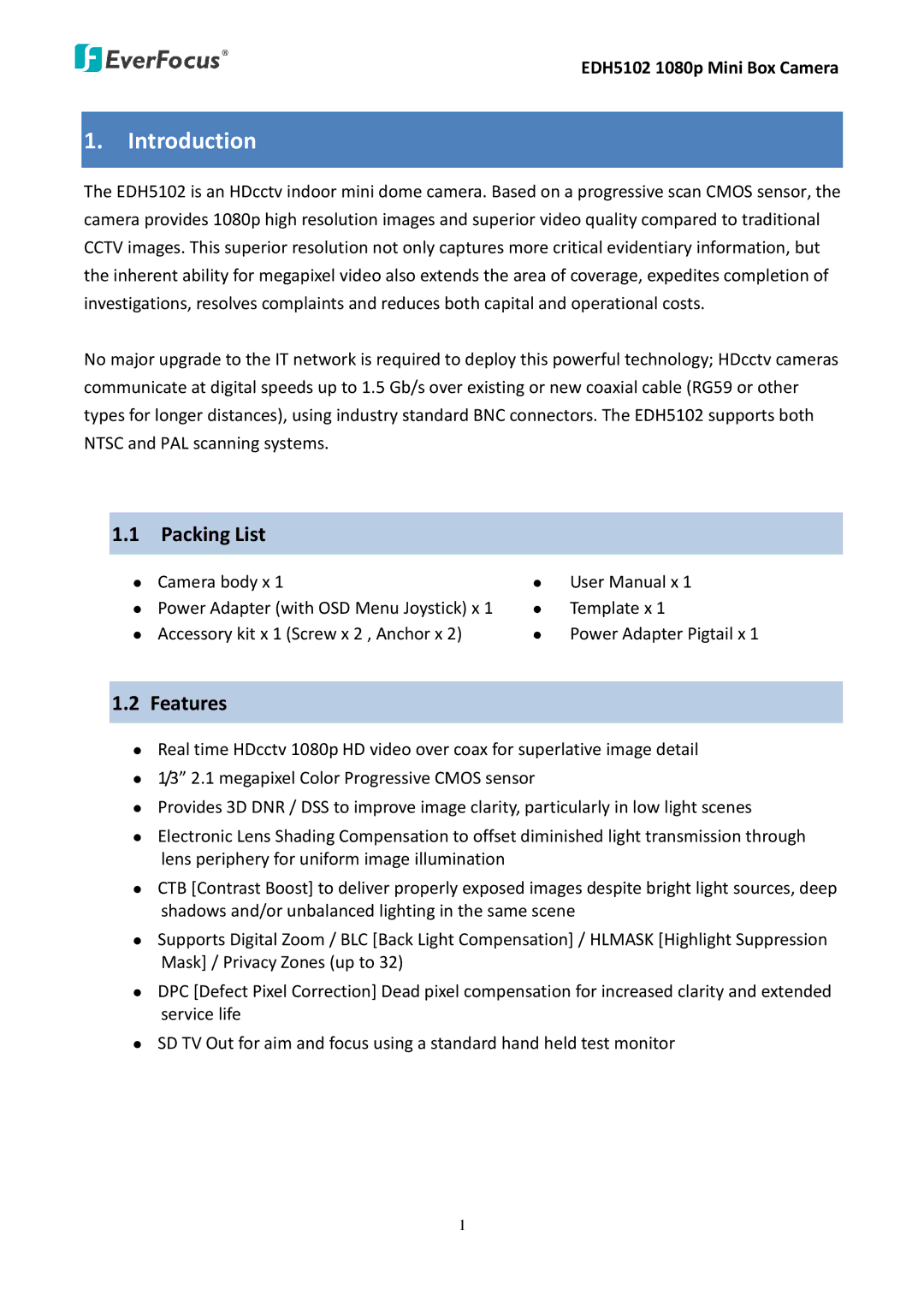 EverFocus EDH5102 user manual Introduction, Packing List, Features 