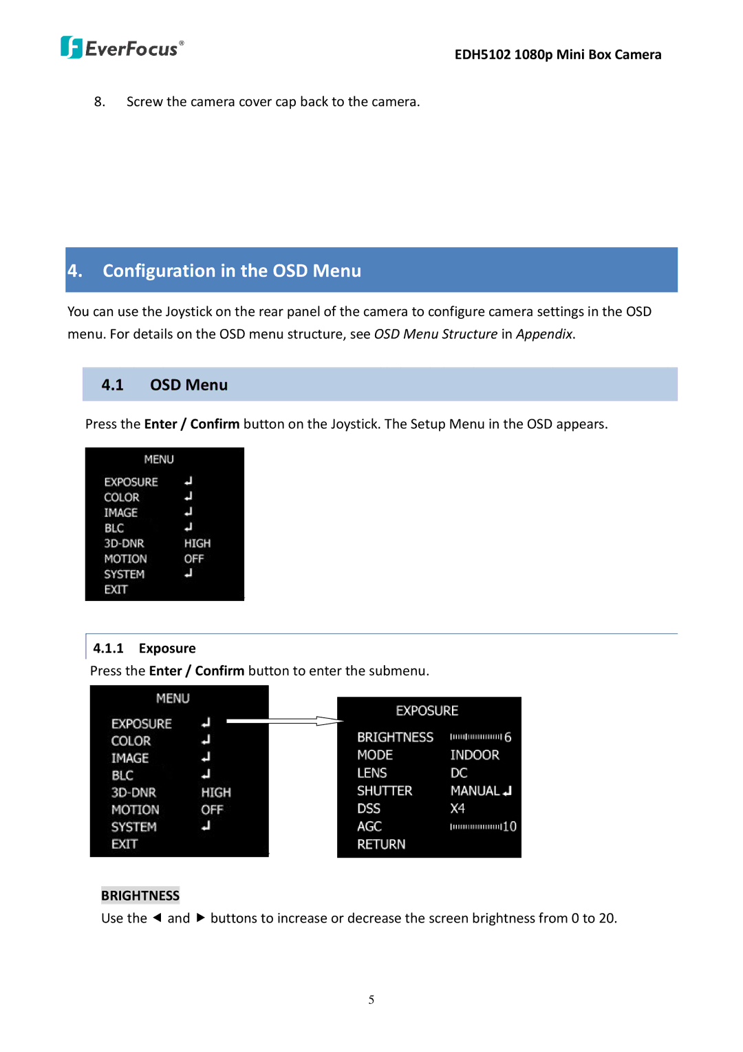 EverFocus EDH5102 user manual Configuration in the OSD Menu, Brightness 