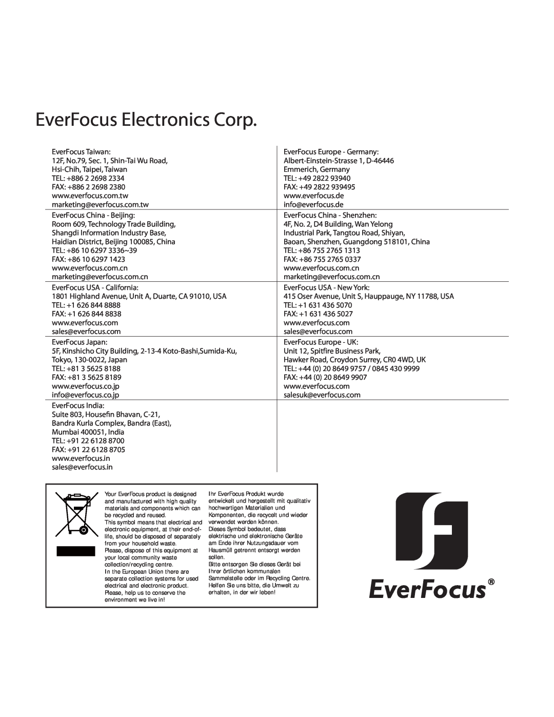 EverFocus EDH5210W, EDH5210B manual EverFocus Electronics Corp 