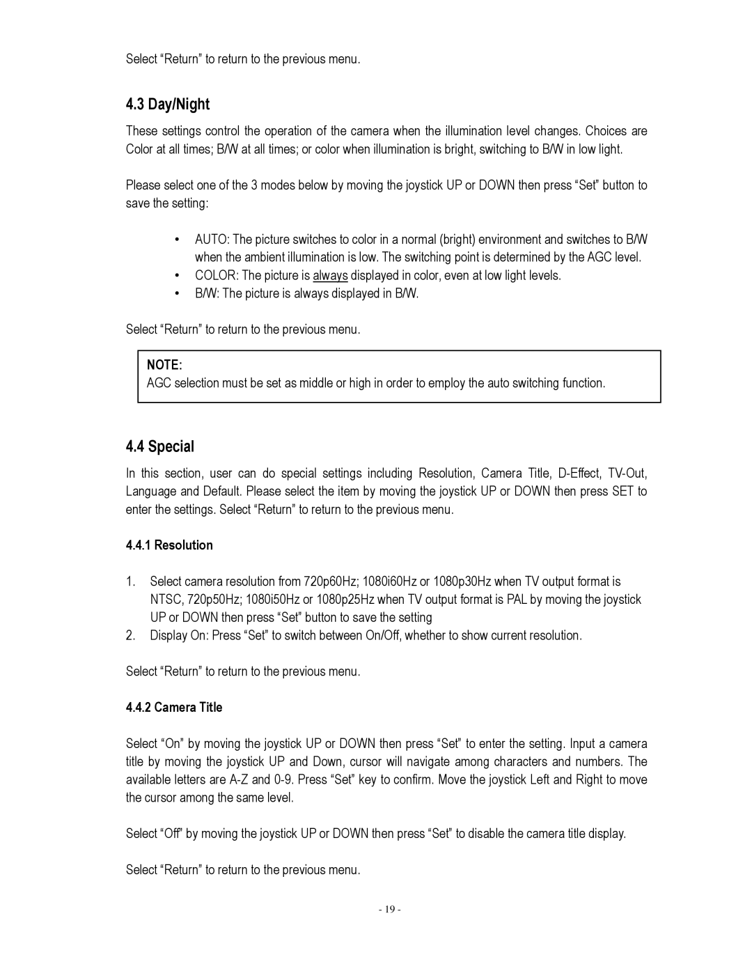 EverFocus EDH5240 specifications Day/Night, Special, Select Return to return to the previous menu, Resolution 