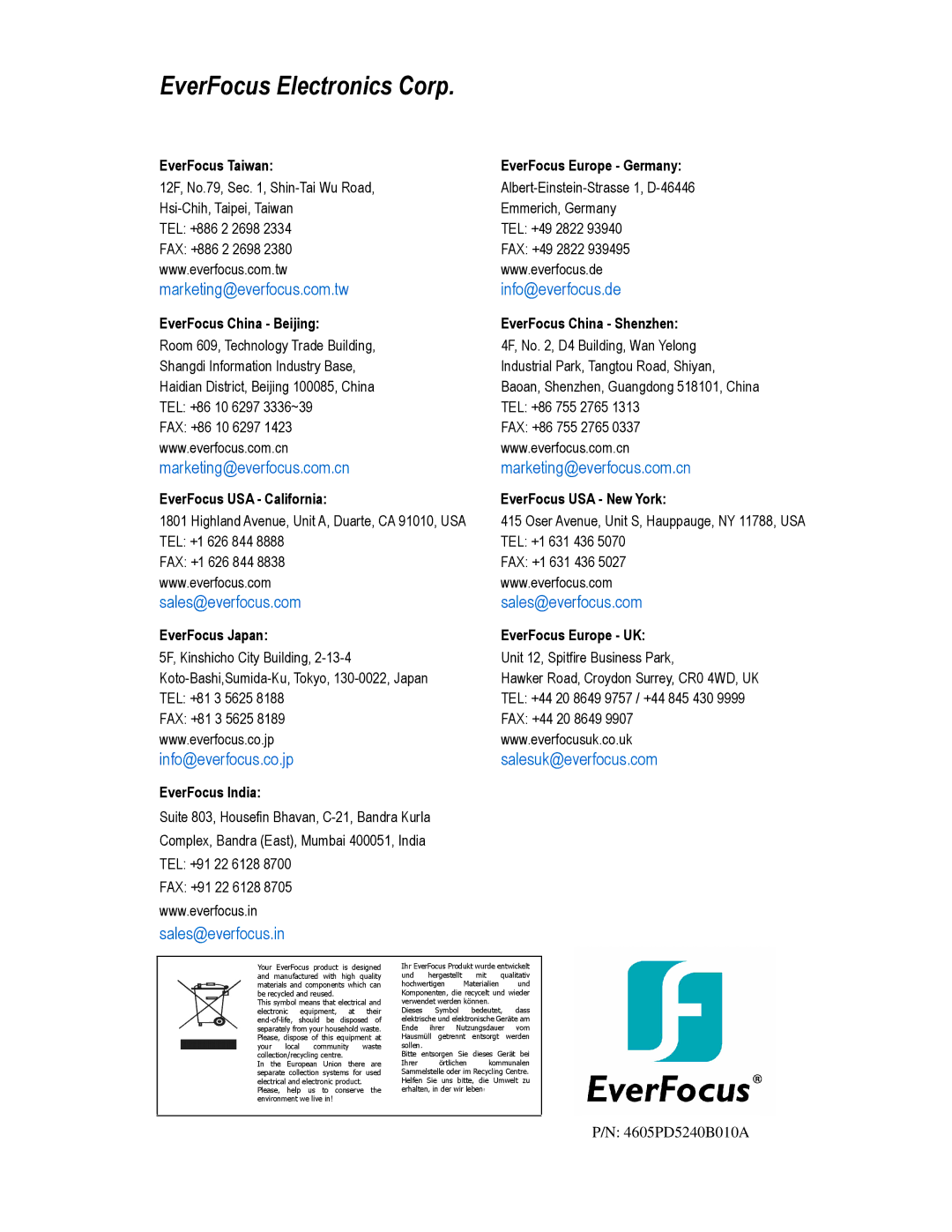 EverFocus EDH5240 specifications EverFocus Electronics Corp 