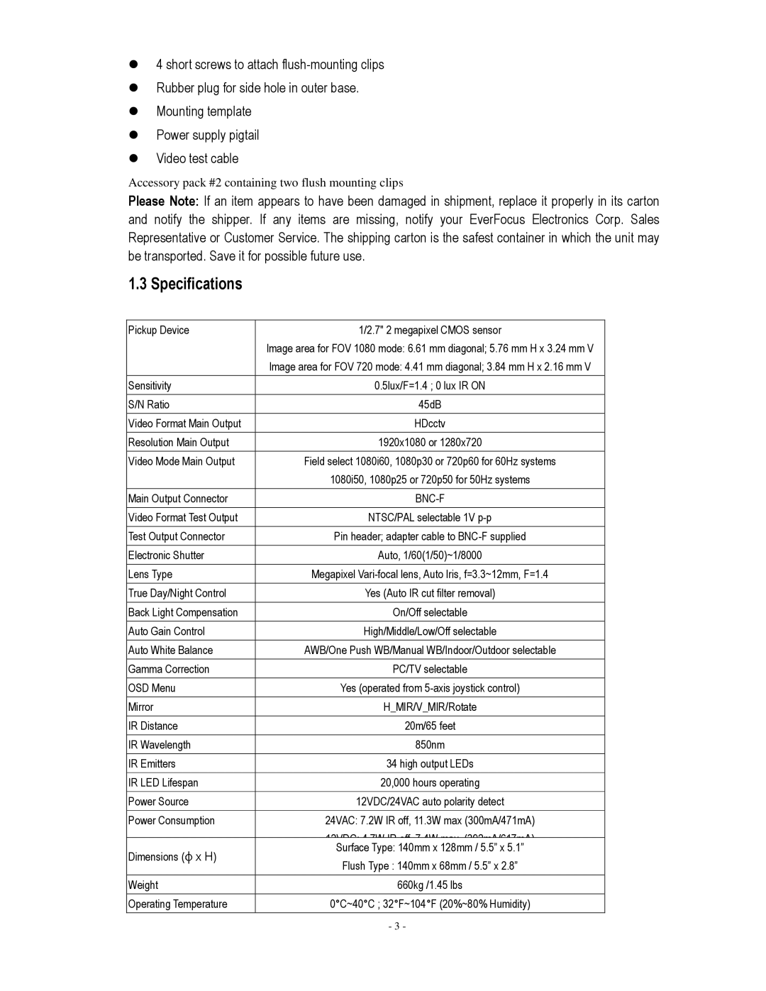 EverFocus EDH5240 specifications Specifications, Pickup Device 7 2 megapixel Cmos sensor 