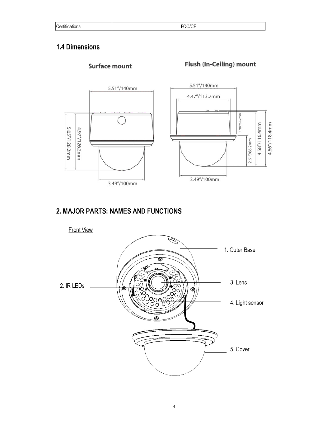 EverFocus EDH5240 specifications Dimensions, Front View Outer Base IR LEDs Lens, Cover 