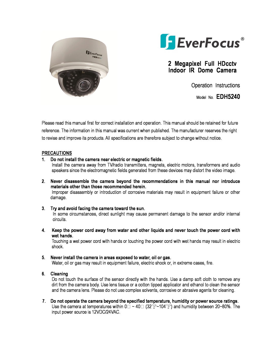 EverFocus EDH5240 specifications Megapixel Full HDcctv Indoor IR Dome Camera, Operation Instructions 