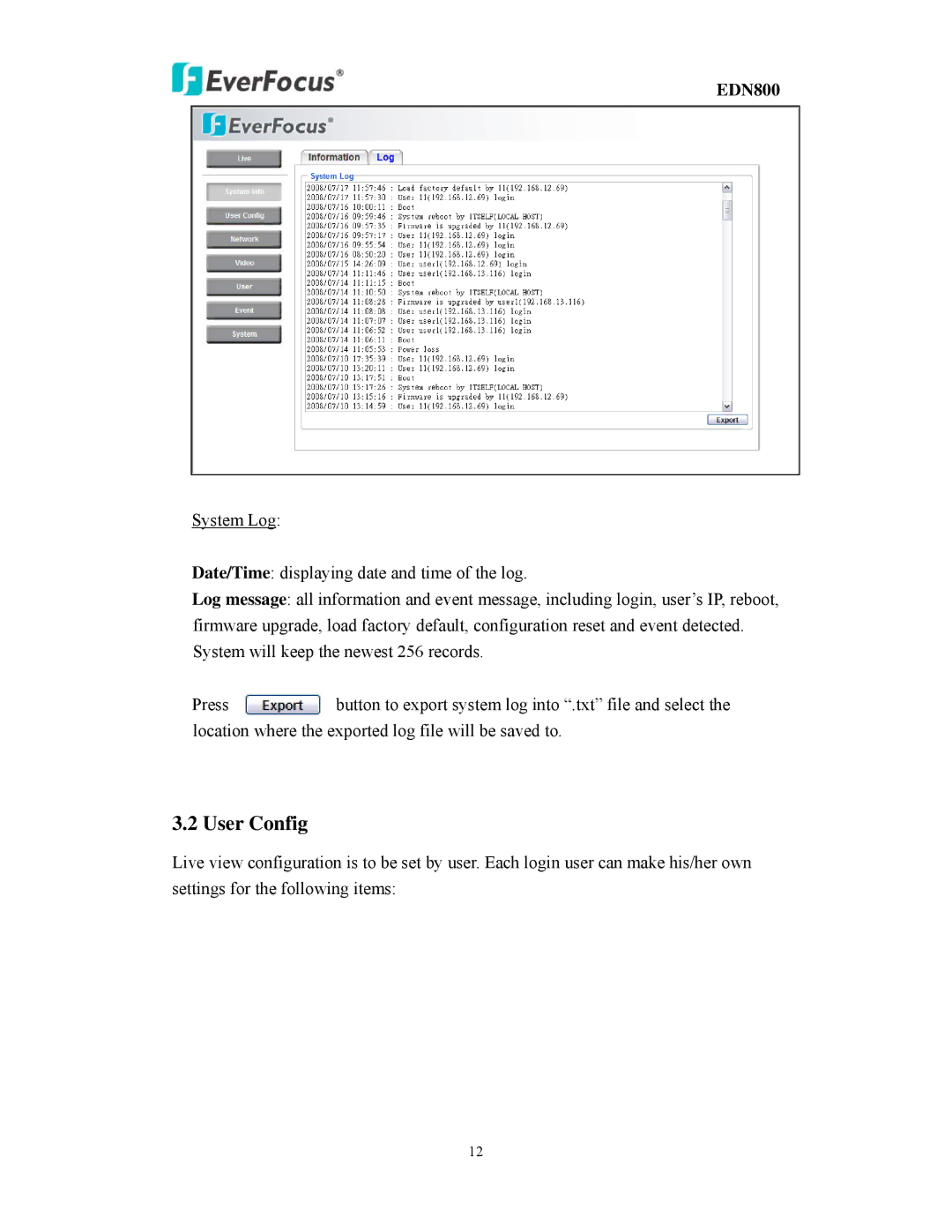 EverFocus EDN800 user manual User Config 