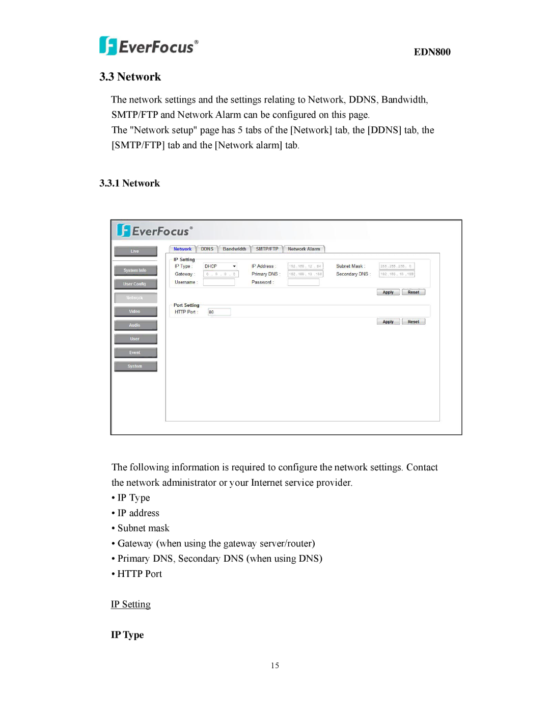 EverFocus EDN800 user manual Network, IP Type 