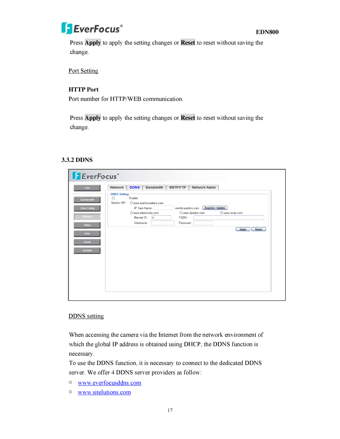 EverFocus EDN800 user manual Http Port, Ddns 